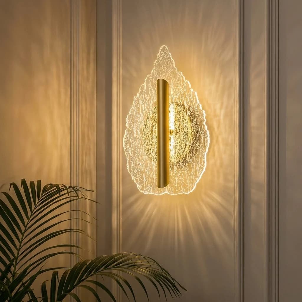 Folia Luxury Gold Leaf Crackle Glass LED Wall Light, Modern Wall Sconce for Bedroom & Living Room