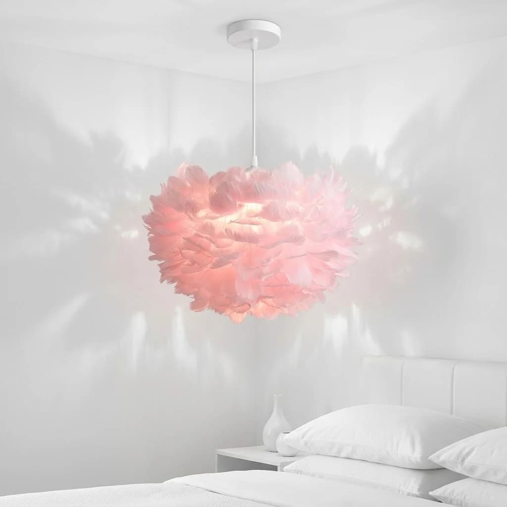 Plume Luxury Feather Pendant Light, Fluffy Hanging Lamp in Pink, White, Grey & Black for Bedroom