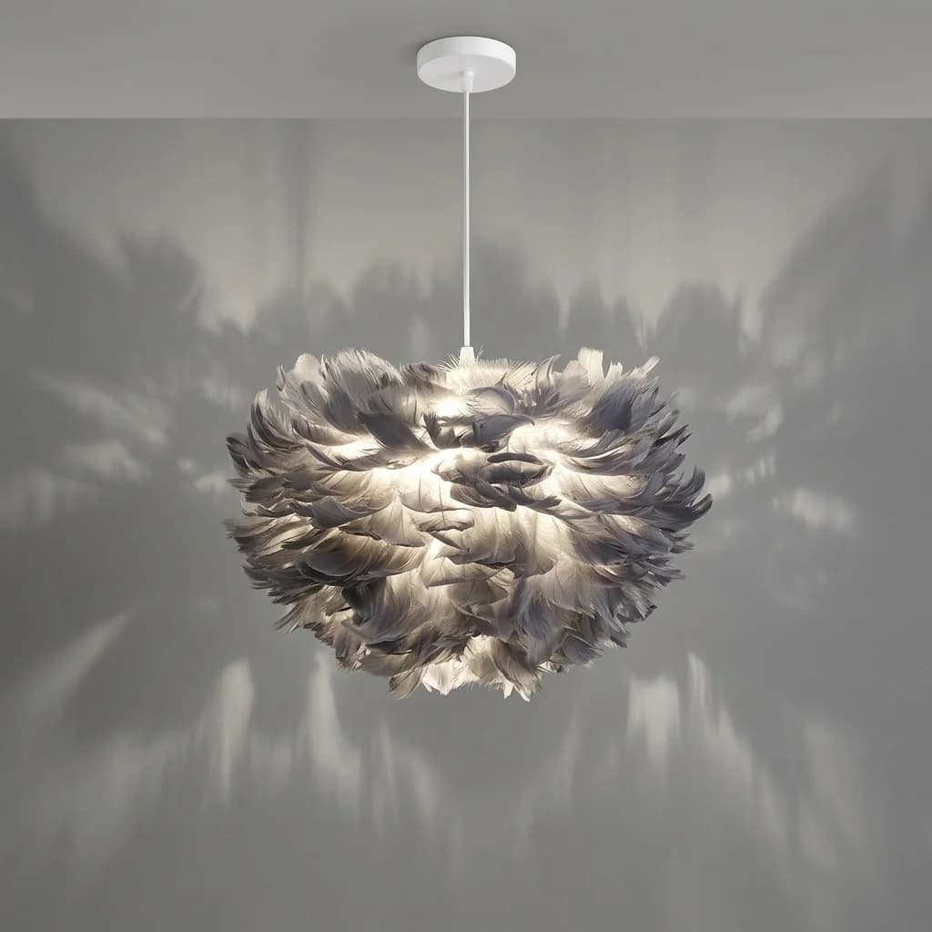 Plume Luxury Feather Pendant Light, Fluffy Hanging Lamp in Pink, White, Grey & Black for Bedroom