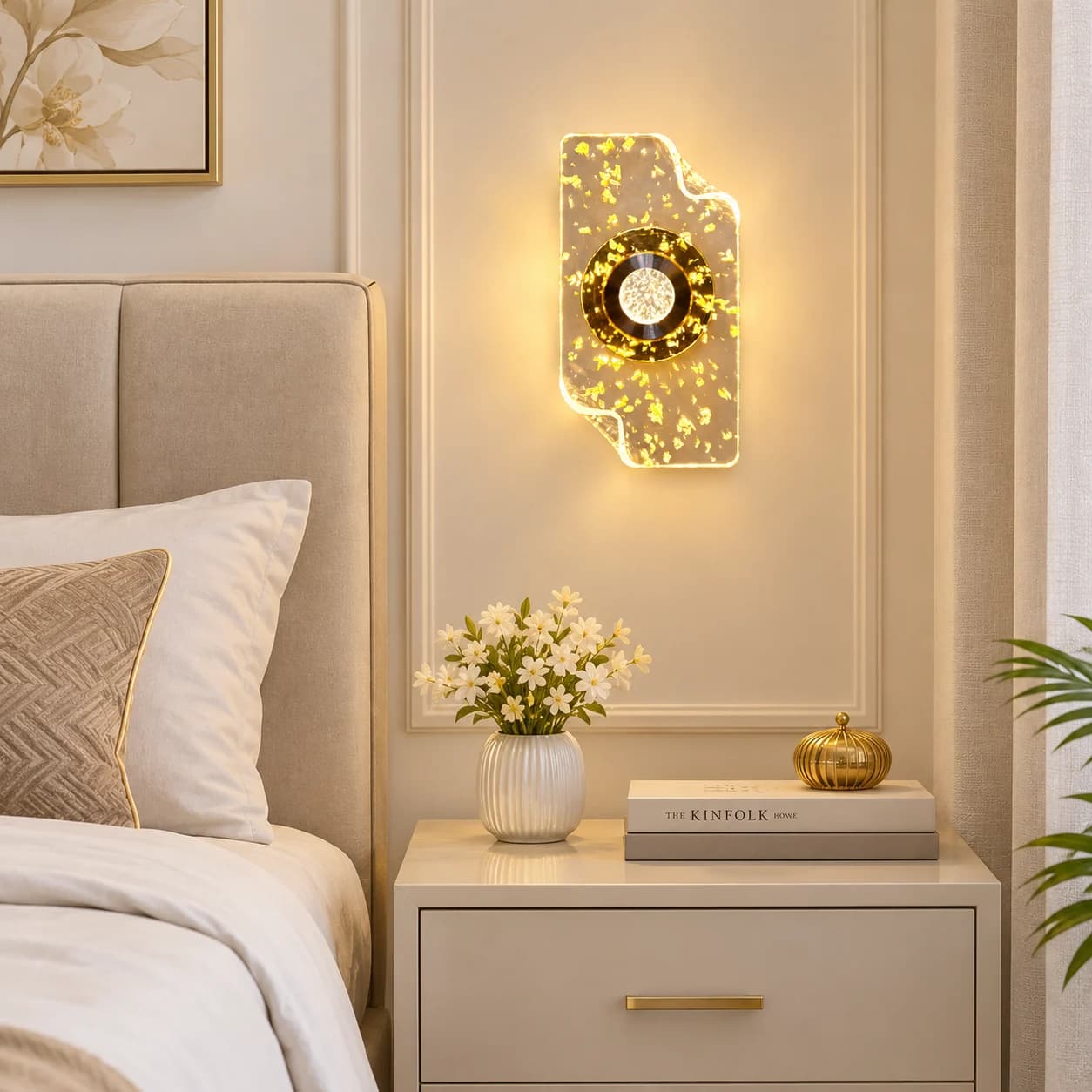 Aurum Gold Flake Crystal LED Wall Light with Bubble Crystal Centre, Luxury Sconce for Bedroom