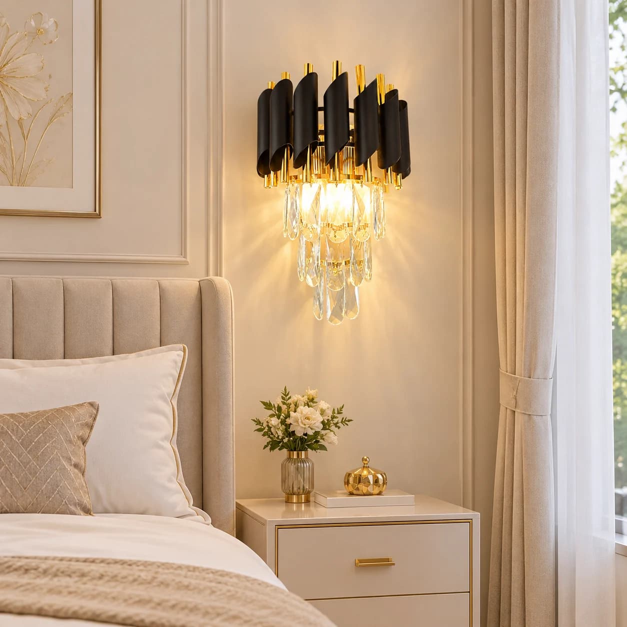 Majesty Black & Gold Crystal Wall Sconce, 2-Light Luxury Waterfall Wall Lamp for Bedroom & Lounge