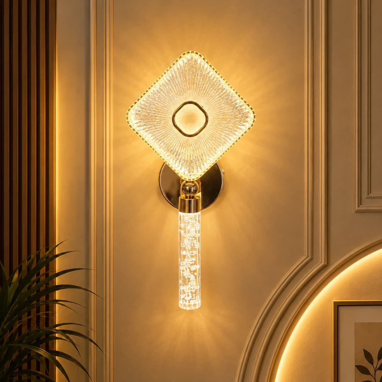 Diamante Gold Crystal Diamond LED Wall Light with Bubble Crystal Rod, Luxury Sconce for Bedroom