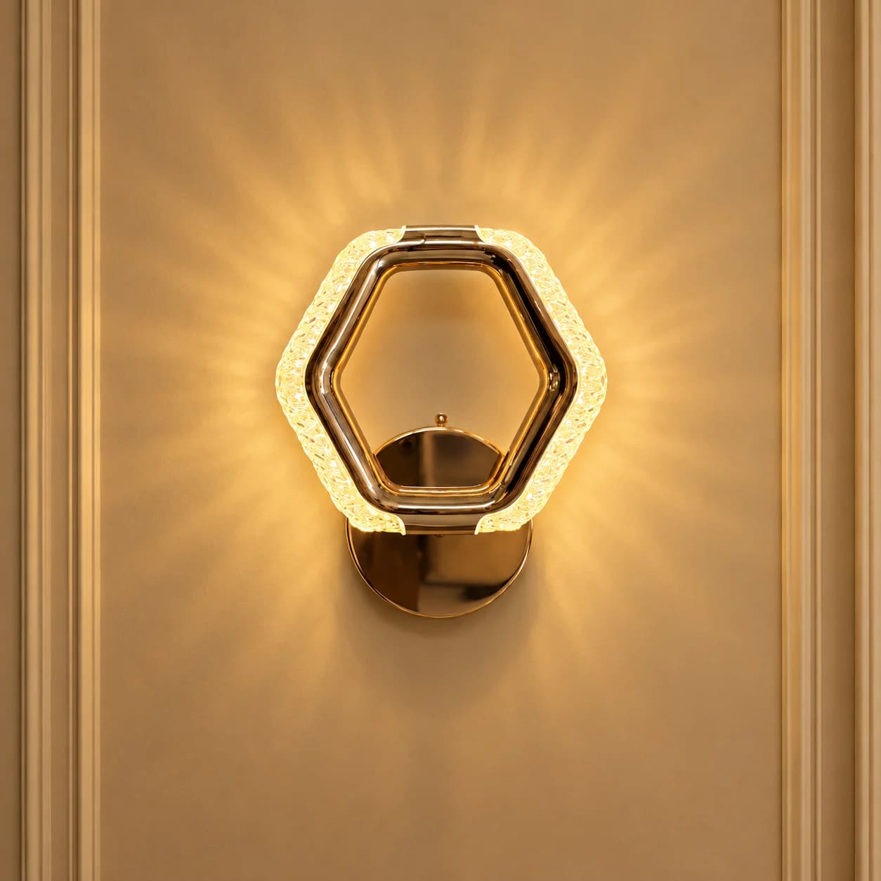 Hexa Gold Hexagon Crystal LED Wall Light with Textured Acrylic Glow, Modern Sconce for Bedroom