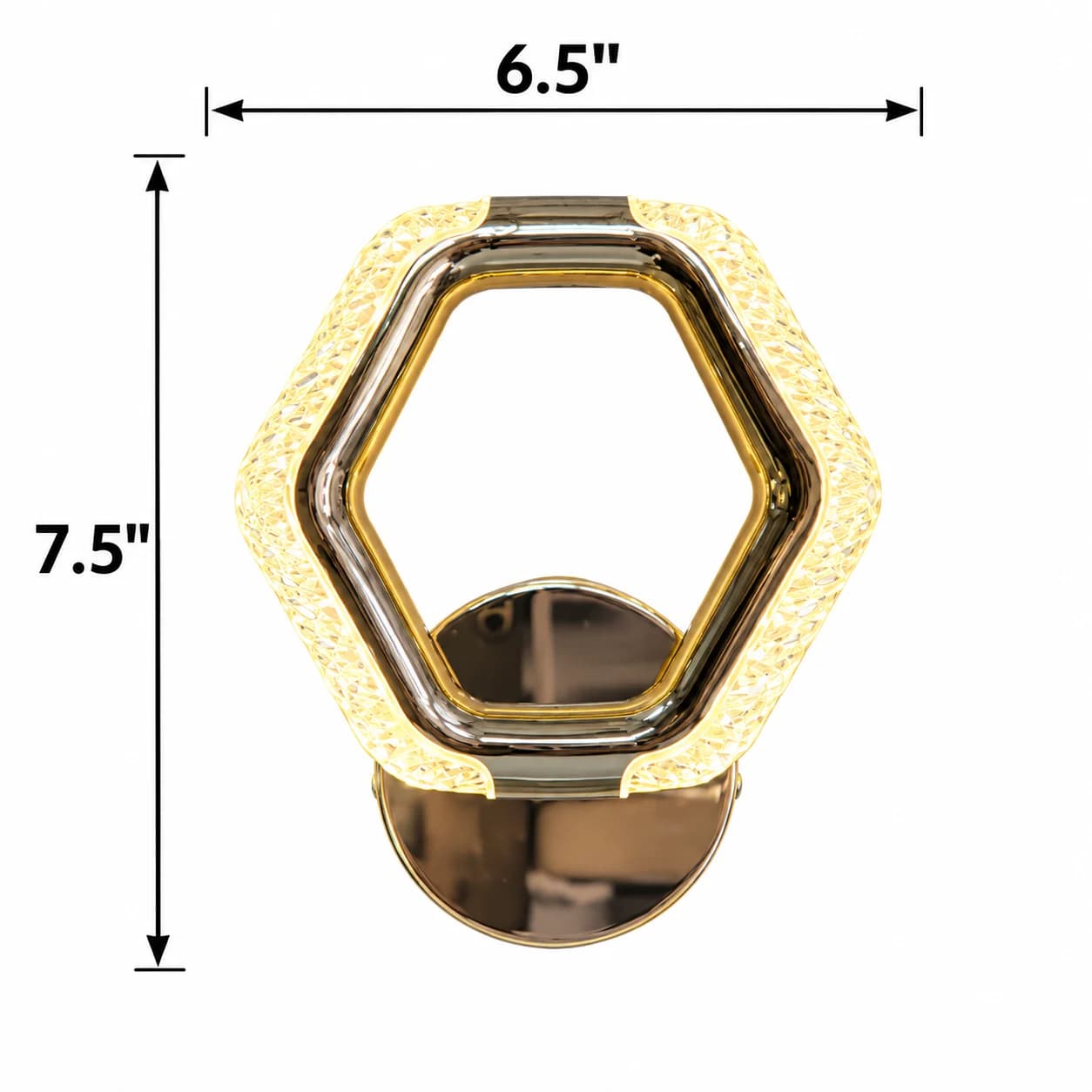 Hexa Gold Hexagon Crystal LED Wall Light with Textured Acrylic Glow, Modern Sconce for Bedroom