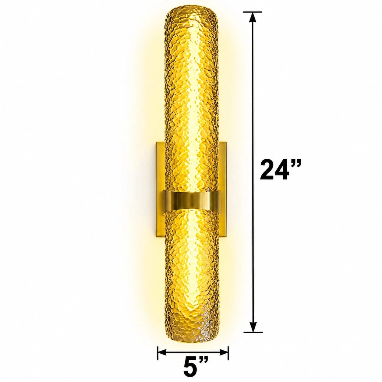 Riva Gold Hammered Glass Tube LED Wall Light, Modern Up Down Wall Sconce for Bedroom & Lounge