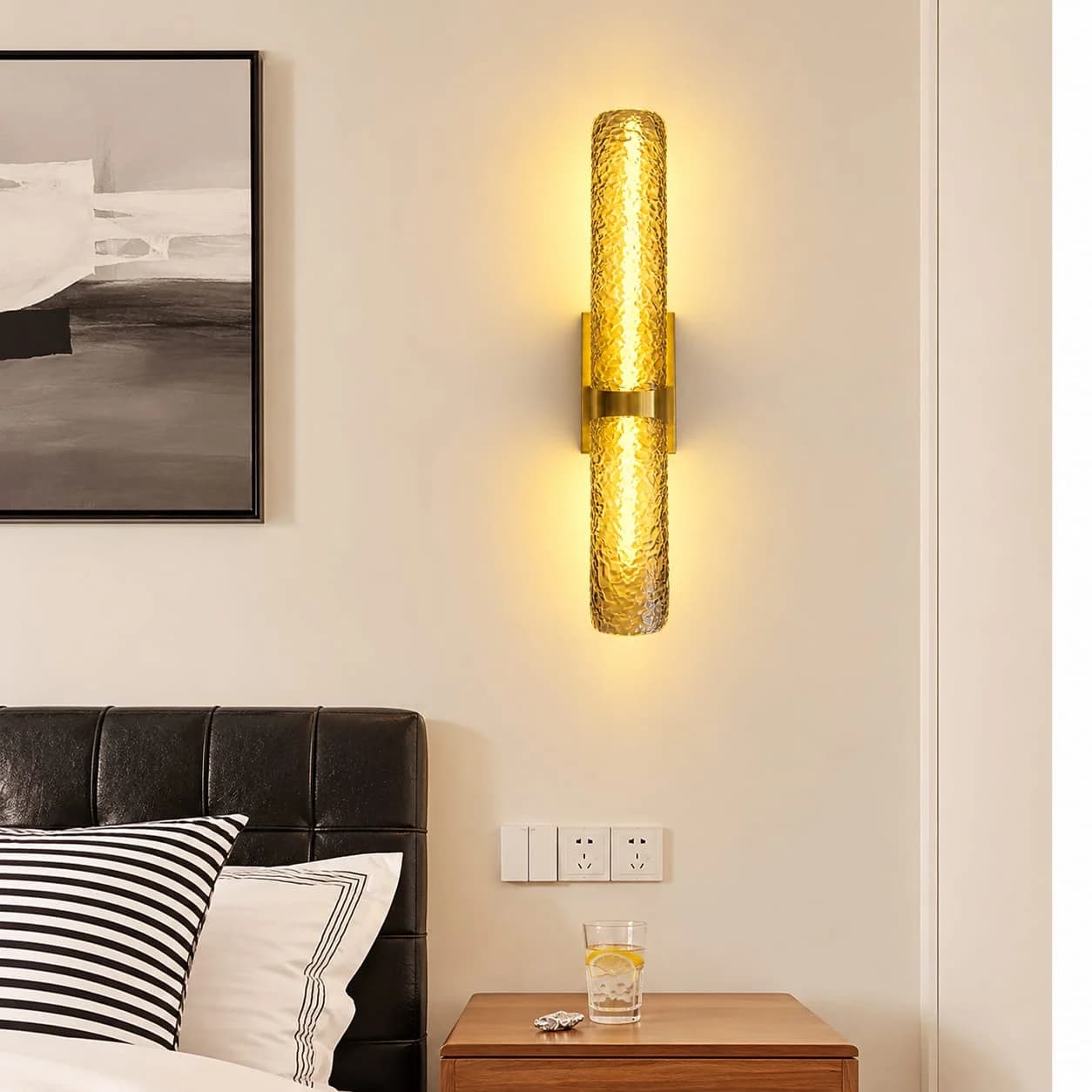 Riva Gold Hammered Glass Tube LED Wall Light, Modern Up Down Wall Sconce for Bedroom & Lounge