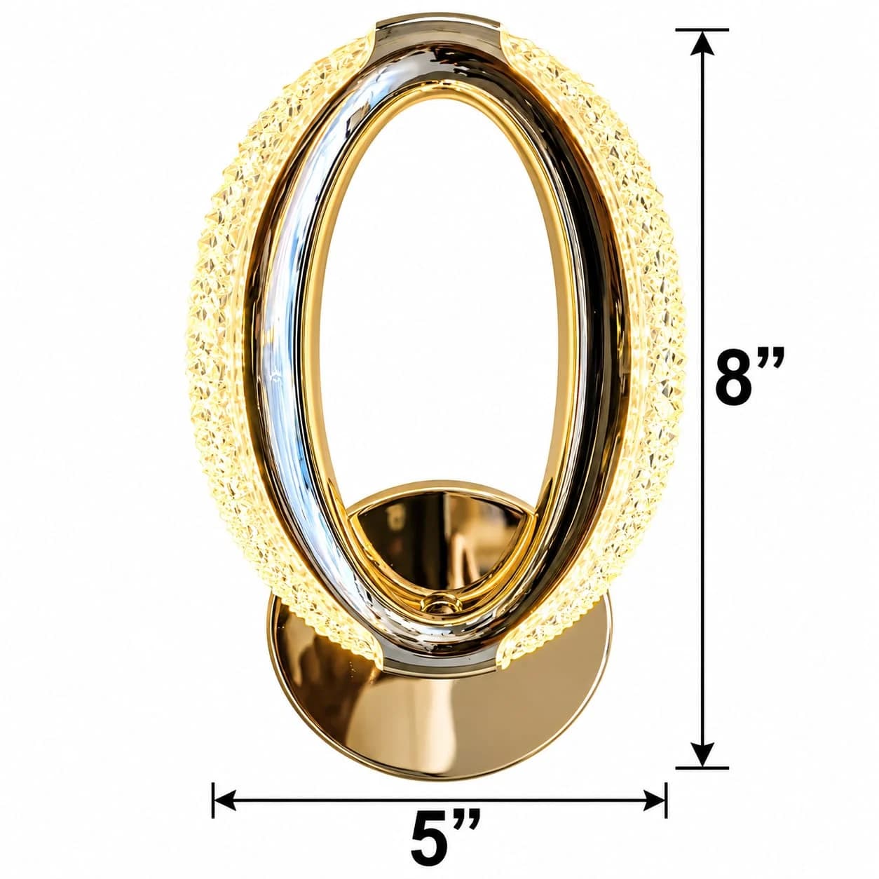Ovale Gold Oval Ring Crystal LED Wall Light with Textured Acrylic Glow, Modern Sconce for Bedroom