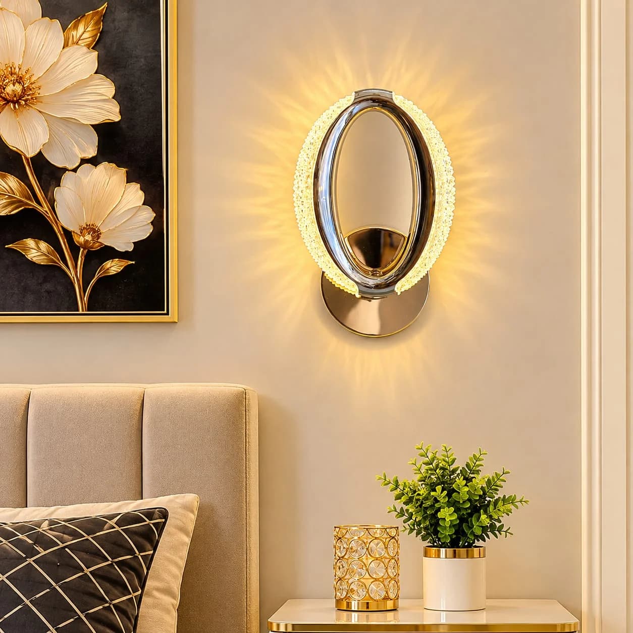 Ovale Gold Oval Ring Crystal LED Wall Light with Textured Acrylic Glow, Modern Sconce for Bedroom