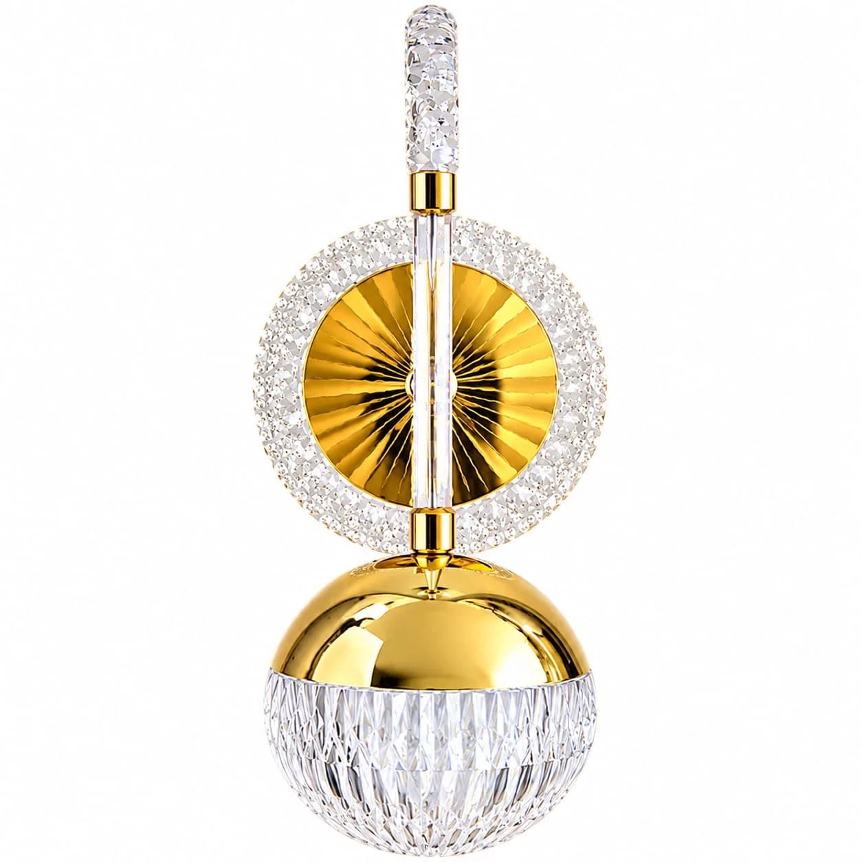 Solenne Gold Halo Crystal LED Wall Light with Cut Crystal Globe, Luxury Sconce for Bedroom & Lounge