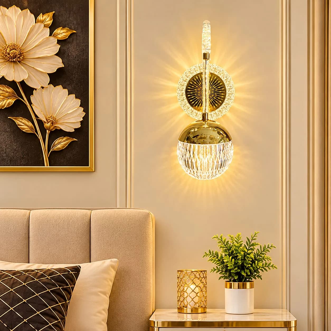 Solenne Gold Halo Crystal LED Wall Light with Cut Crystal Globe, Luxury Sconce for Bedroom & Lounge
