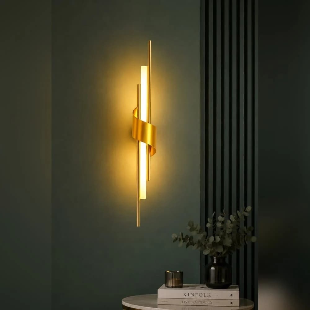 Ribbon Gold Spiral LED Wall Light with Brass Rods, Modern Linear Wall Sconce for Bedroom & Lounge